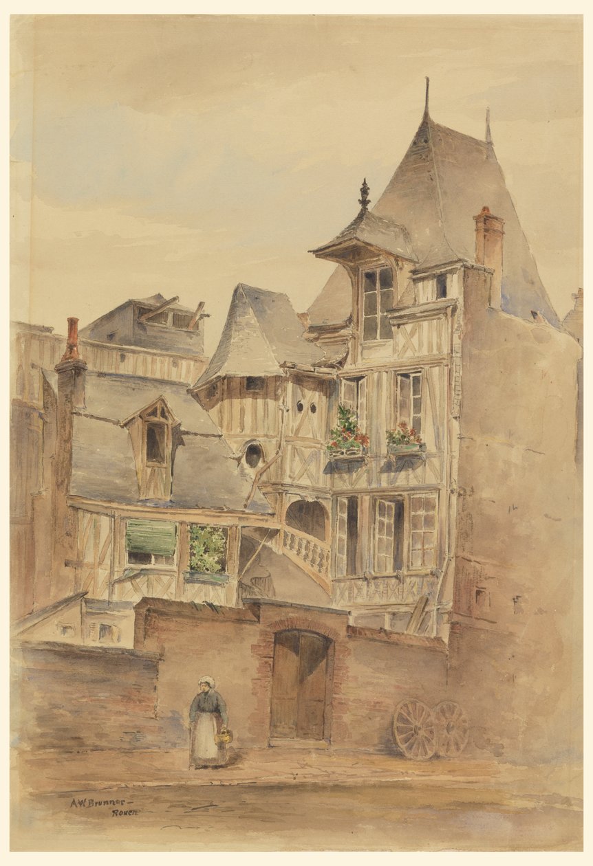 Scena uliczna ze średniowiecznymi domami autorstwa Arnold William Brunner