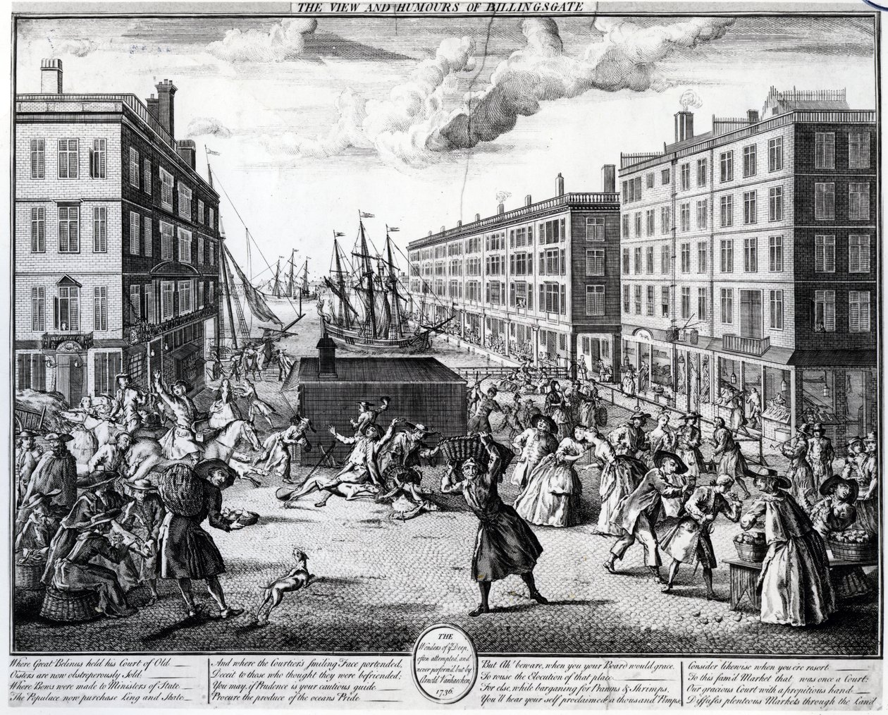 Widok i humory Billingsgate, 1736 autorstwa Arnold van Haecken