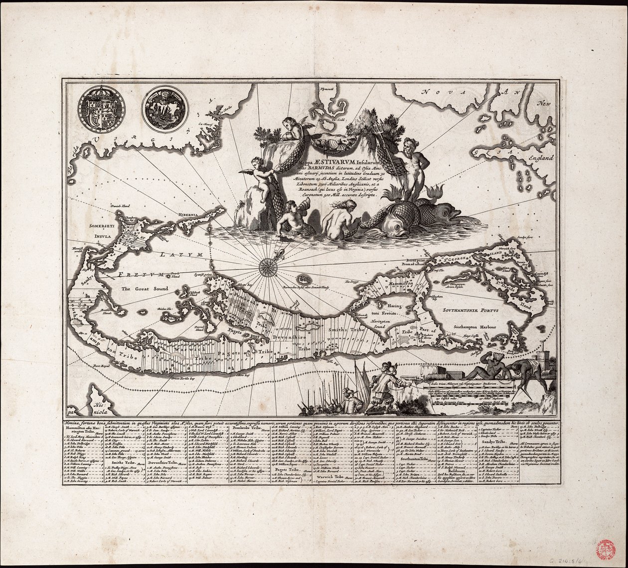 Mappa Aestivarum Insularum, alias Barmudas dictarum. Pojedynczy arkusz, rycina. autorstwa Arnoldus Montanus