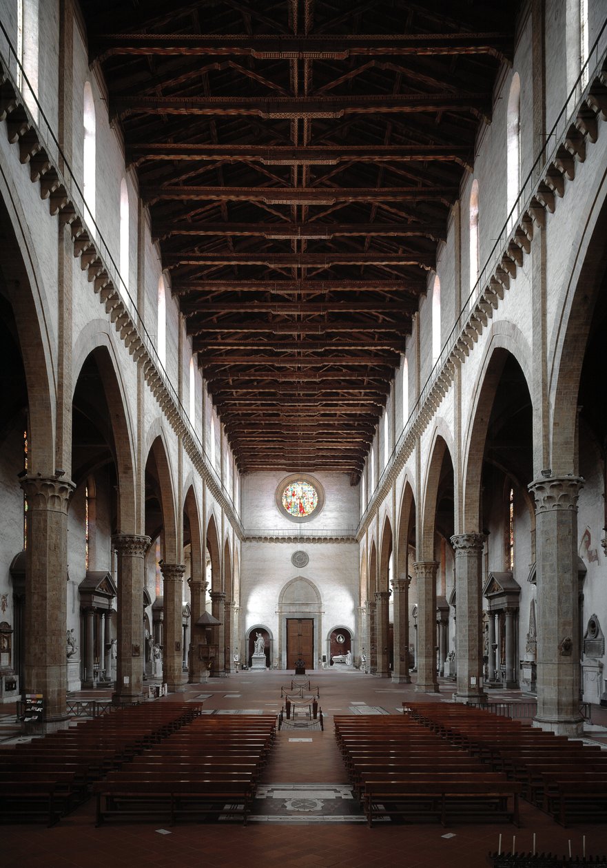 Renesans: widok wnętrza Bazyliki Santa Croce projektu Arnolfo di Cambio (1245-1302 / 1310) (Widok wnętrza Bazyliki santa croce) 1294 Bazylika Santa Croce, Florencja, Włochy autorstwa Arnolfo di Cambio