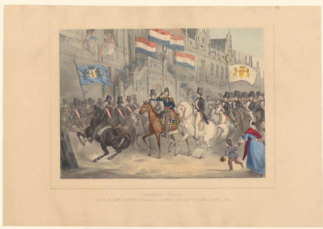 Wjazd króla Wilhelma II do Lejdy, 1841 Uroczyste Intogt Jego Królewskiej Mości Króla Willema II w Leyden w dniu 1 czerwca 1841 r. (tytuł na obiekcie) autorstwa Arnz and Co.