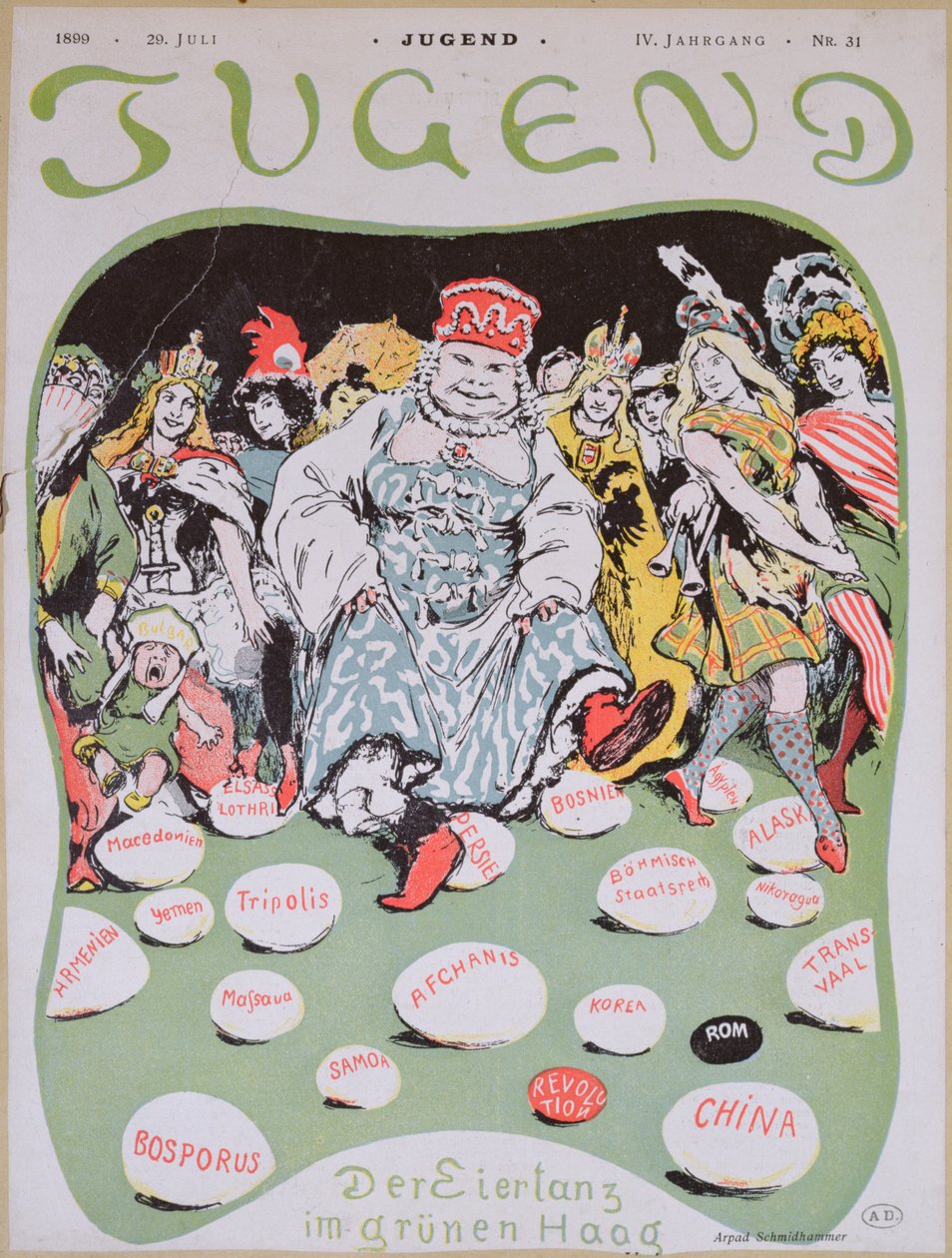 Taniec jajka, rysunek z Pierwszej Haskiej Konferencji Pokojowej, z niemieckiego magazynu Jugend, 29 lipca 1899 r. autorstwa Arpad Schmidhammer