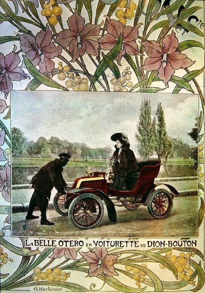 La Belle Otero za kierownicą samochodu De Dion-Bouton, ok. 1900 autorstwa Arsene Herbinier