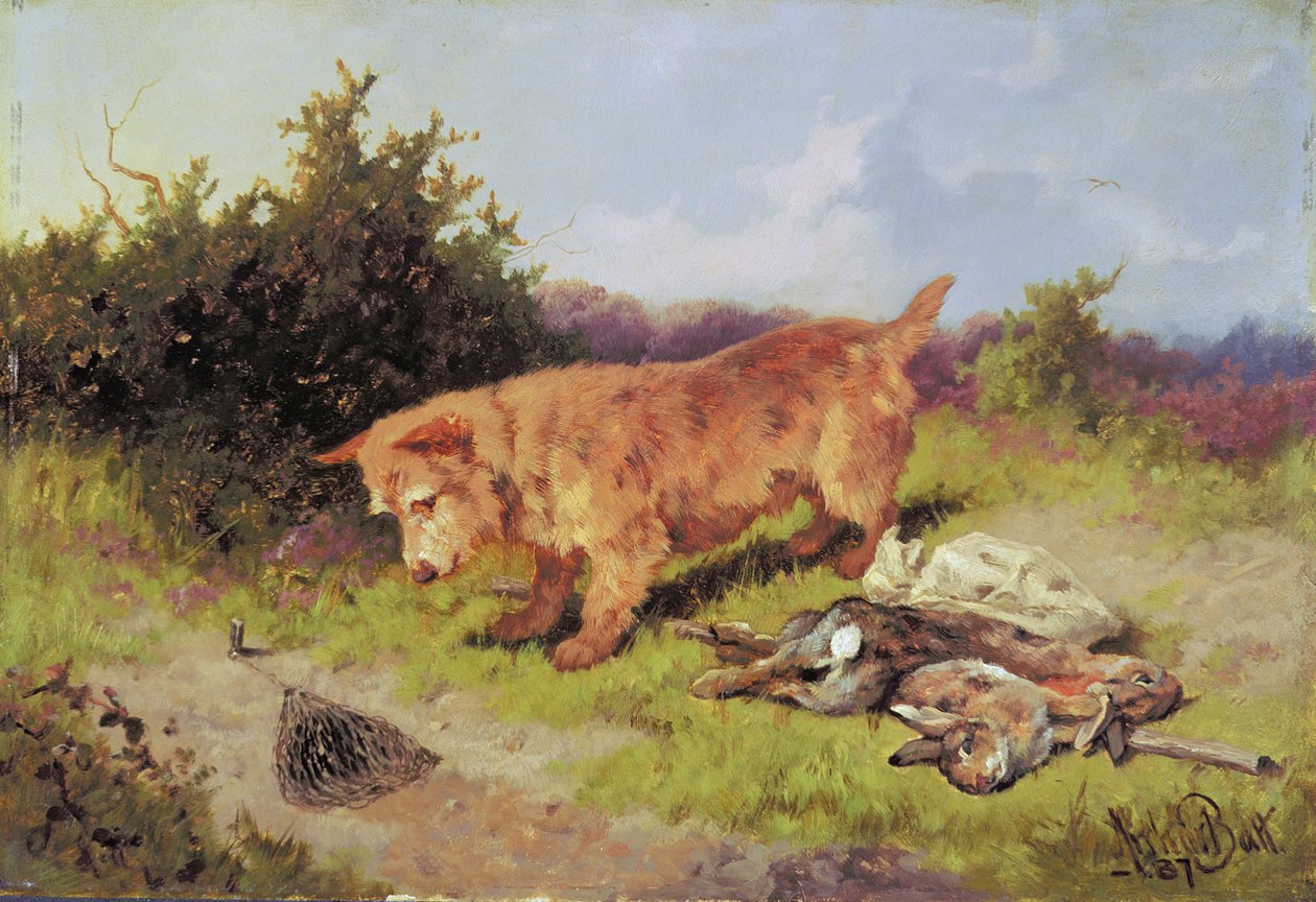 Terrier obserwujący pułapkę na króliki, 1887 (olej na tartaku) autorstwa Arthur Batt