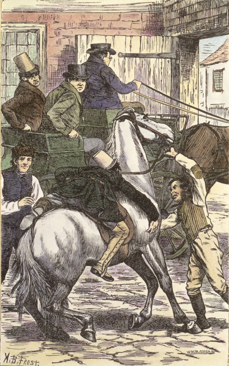 Pan Winkle dosiada rumaka, ilustracja z „The Pickwick Papers” Charlesa Dickensa (1812-70) 1837 (kolorowa grawerunek) autorstwa Arthur Burdett Frost