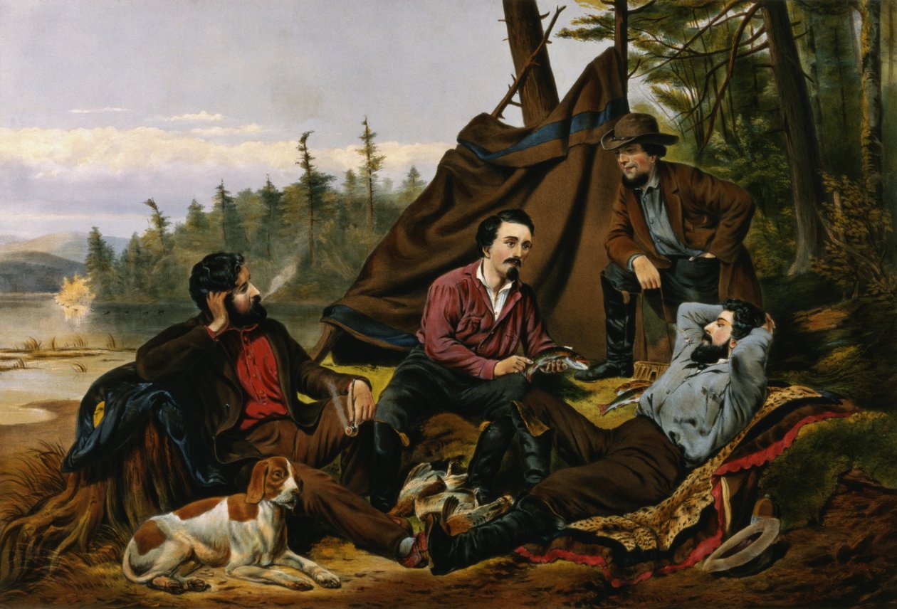 Camping in the Woods, "Laying Off", grawerowane przez i opublikowane przez Currier and Ives, Nowy Jork, 1863 r. autorstwa Arthur Fitzwilliam Tait
