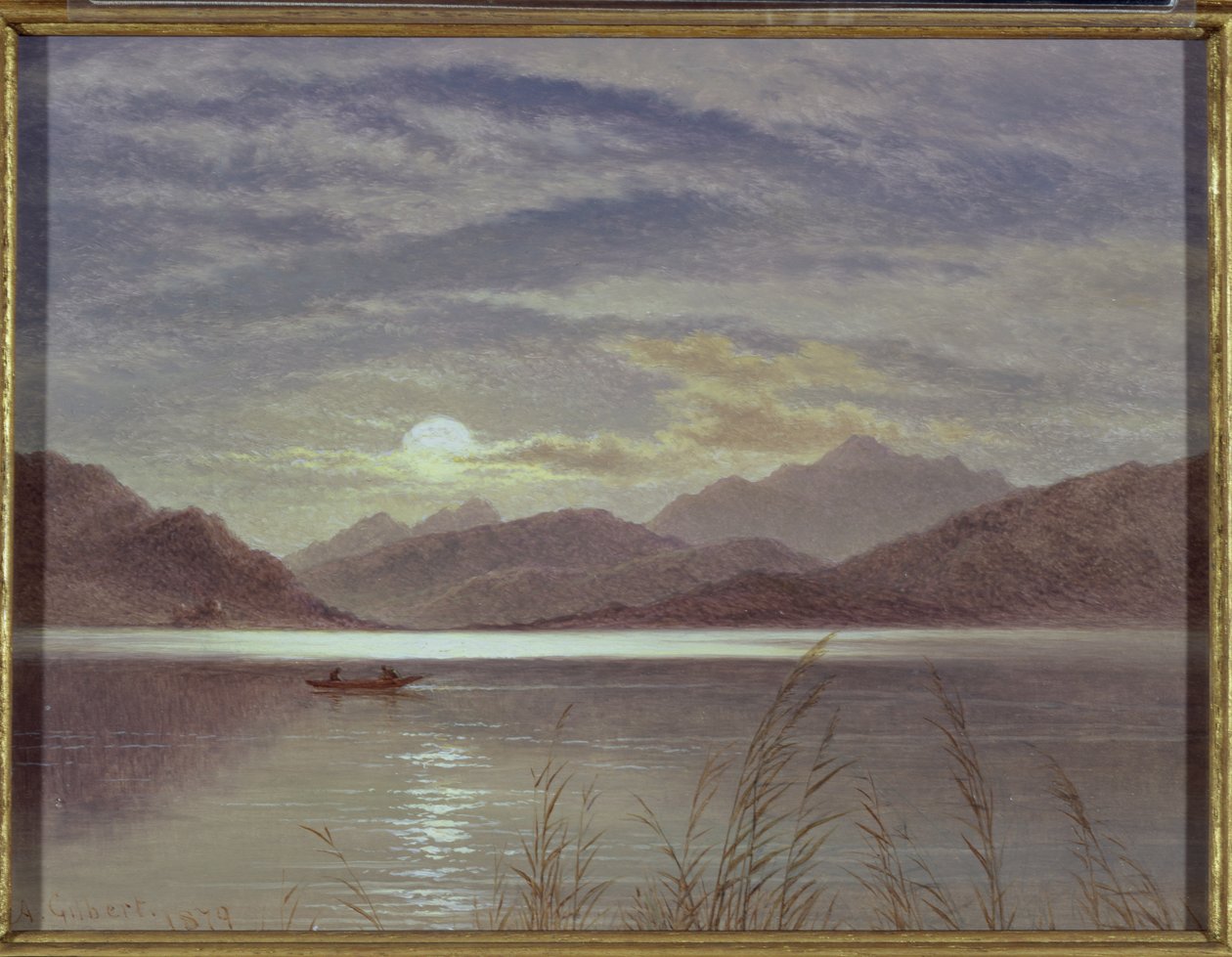 Scena nad jeziorem przez Moonlight, 1879 (tablica) autorstwa Arthur Gilbert
