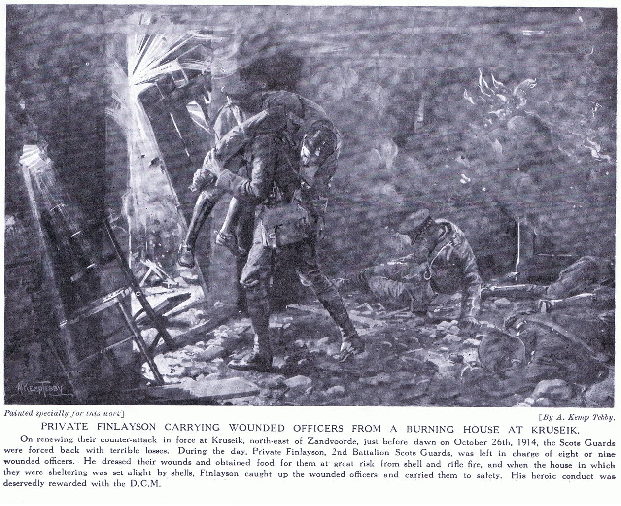 Szeregowy Finlayson wygrał DCM za przenoszenie rannych oficerów z płonącego domu w Kruseik w październiku 1914 (zdjęcie czarno-białe) autorstwa Arthur Kemp Tebby