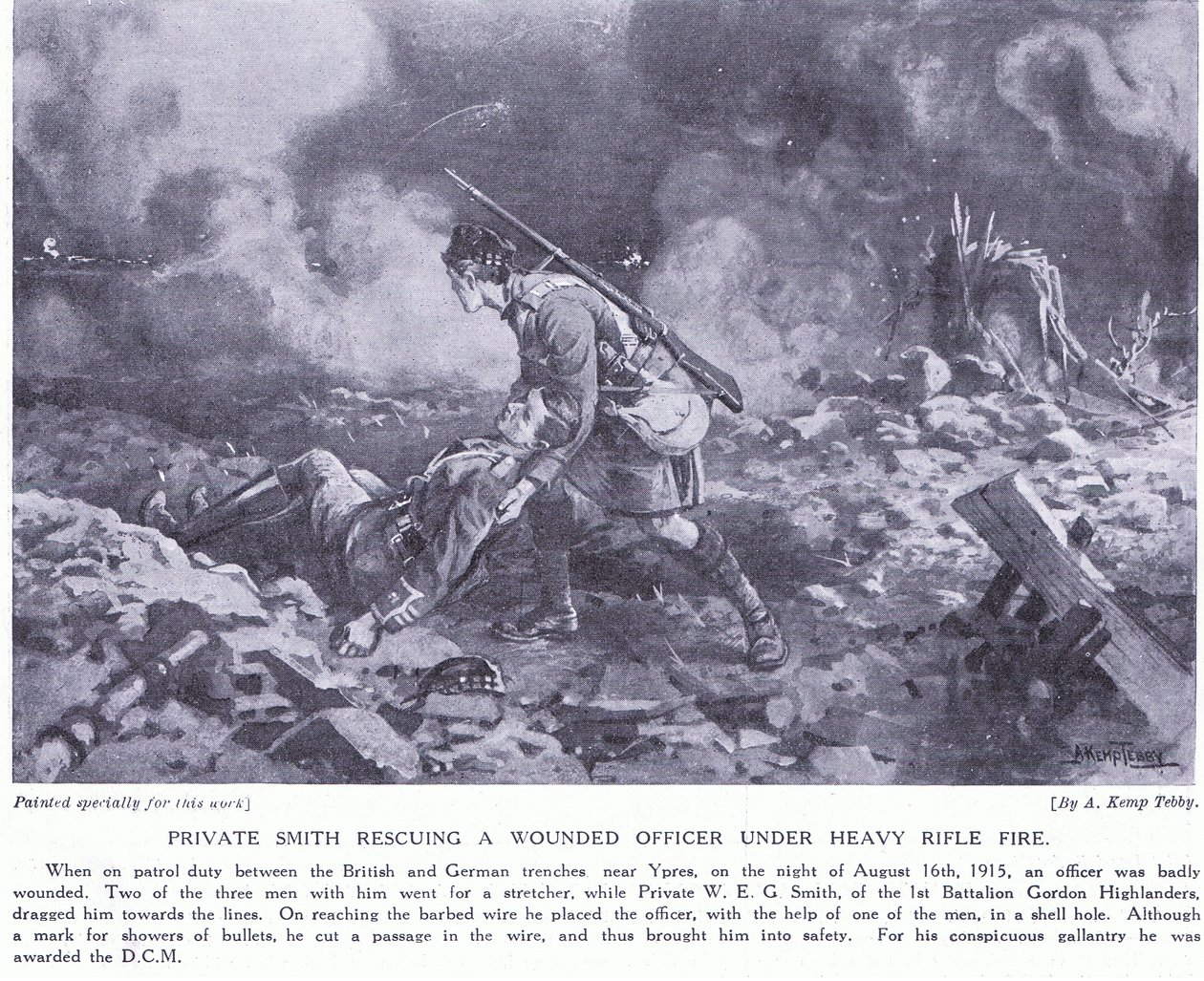 Szeregowy Smith ratujący rannego oficera pod ciężkim ostrzałem przyznał DCM Ypres sierpień 1915 r. autorstwa Arthur Kemp Tebby