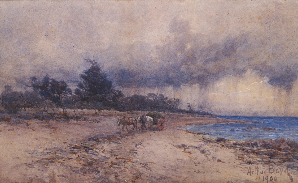 bez tytułu (zbieranie wodorostów przed burzą, plaża Sandringham) autorstwa Arthur Merric Boyd