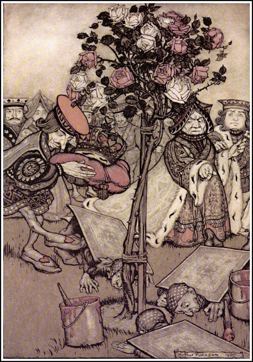 Alicja Przygody w Krainie Czarów – Królowa odwróciła się od niego ze złością i powiedziała Łotrowi: Odwróć je. autorstwa Arthur Rackham