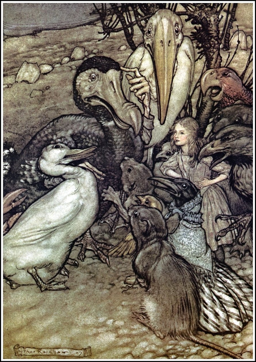 Alicja Przygody w Krainie Czarów - Zaczęli tłoczyć się wokół niej, dysząc i pytając: Ale kto wygrał? autorstwa Arthur Rackham