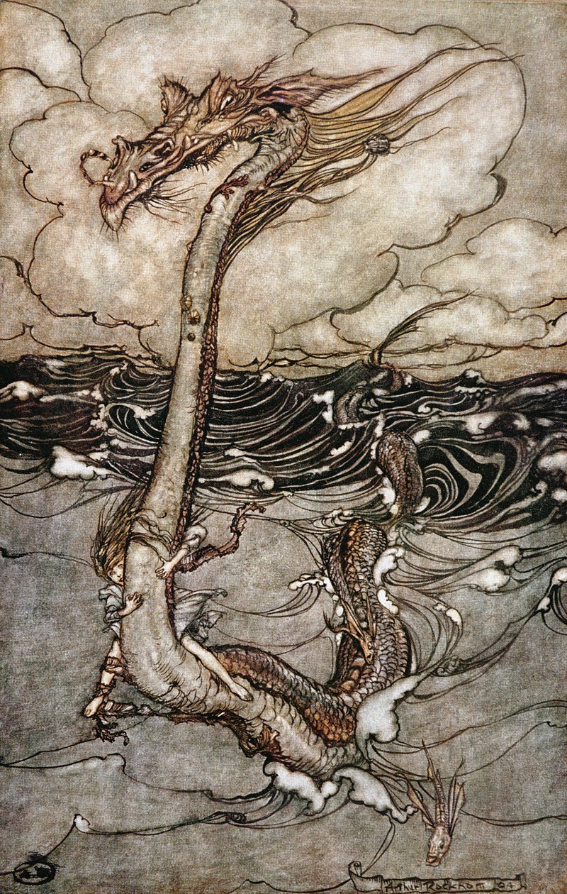 Młoda dziewczyna jadąca na wężu morskim, 1904 autorstwa Arthur Rackham
