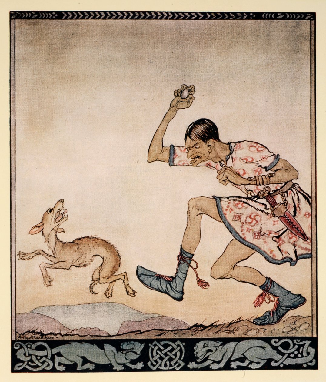 Człowiek, który nie lubił psów, ilustracja z "Irish Fairy Tales" Jamesa Stephensa, 1920 r. autorstwa Arthur Rackham