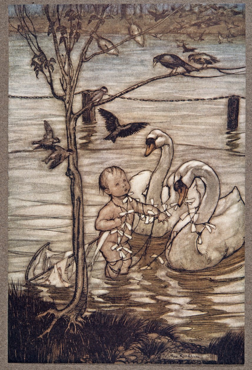 Po tym ptaki powiedziały, że nie pomogą mu już w jego szalonych przedsięwzięciach..., od Piotruś Pan w Kensington Gardens JM Barrie (1860 - 1937), wyd. 1906 autorstwa Arthur Rackham