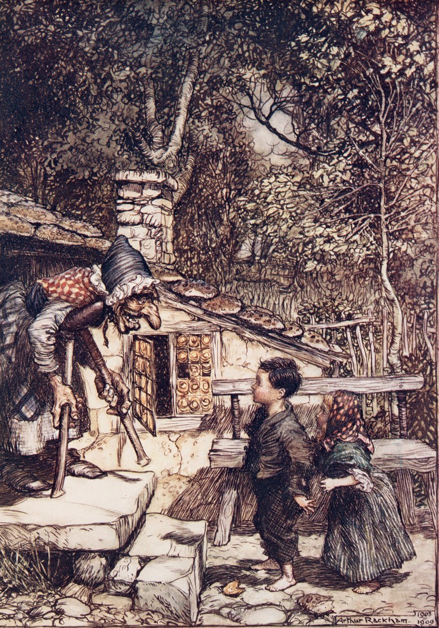 Nagle drzwi się otworzyły i z pubu The Fairy Tales of the Brothers Grimm wyszła stara, stara Kobieta, opierając się o kuli. 1909 autorstwa Arthur Rackham