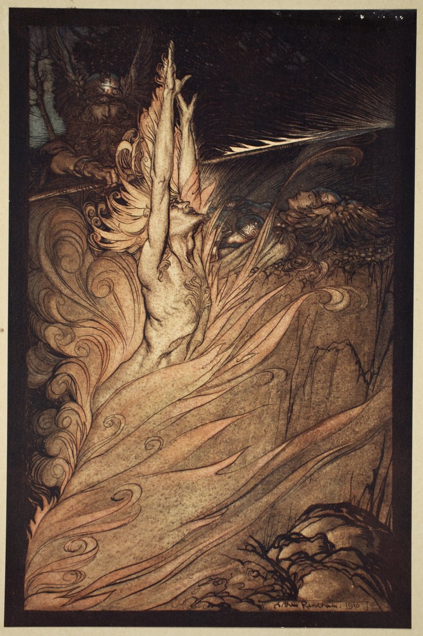 „Pojaw się, migoczący ogniu, Okrąż skałę swoim płomieniem! Loża! Loża! Pojawić się!”, ilustracja z „Złoto Renu i Walkiria”, 1910 autorstwa Arthur Rackham