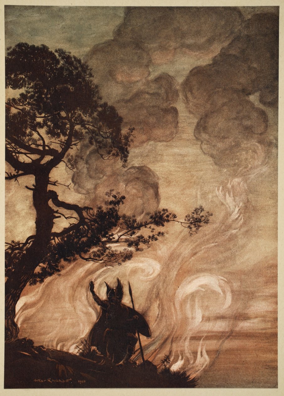 Oddalając się powoli, Wotan odwraca się i ze smutkiem spogląda na Brunhildę, ilustracja z „Złoto Renu i Walkiria”, 1910 autorstwa Arthur Rackham