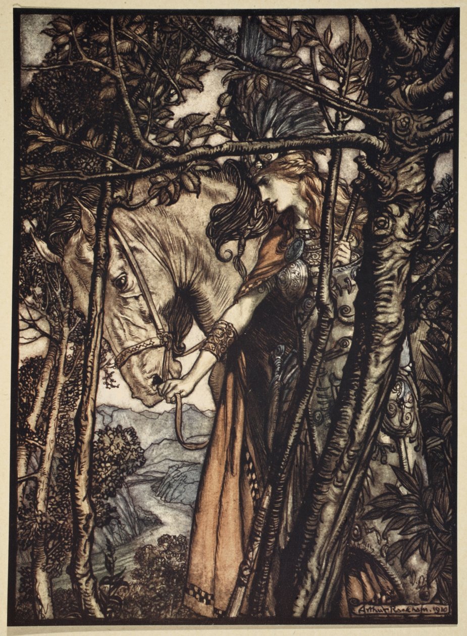 Brunhilda powoli i cicho prowadzi konia ścieżką do jaskini, ilustracja z „Złoto Renu i Walkiria”, 1910 autorstwa Arthur Rackham
