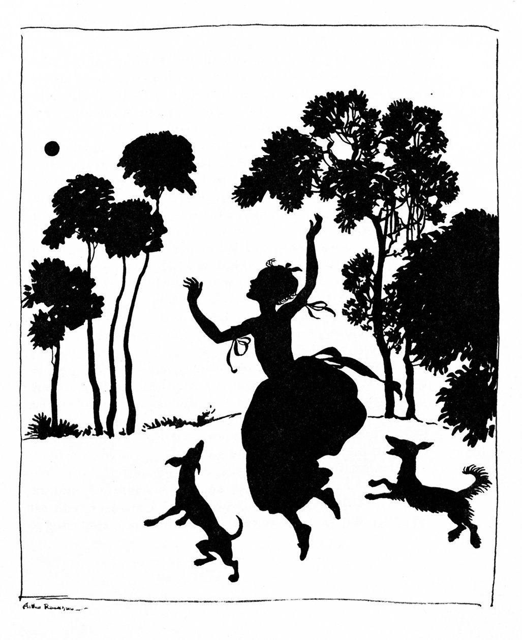 Kopciuszek bawiący się z psami, 1919 autorstwa Arthur Rackham
