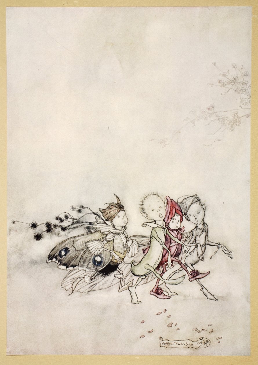 Wejdź Peasebottom, Cobweb, Moth i Mustardseed, ilustracja z „Snu nocy letniej” Williama Szekspira, 1908 autorstwa Arthur Rackham