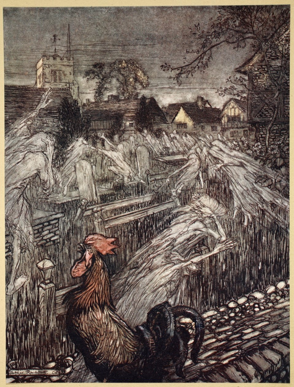 ..Duchy, wędrujące tu i tam, Dom oddziału na cmentarze, ilustracja ze „Snu nocy letniej” Williama Szekspira, 1908 autorstwa Arthur Rackham