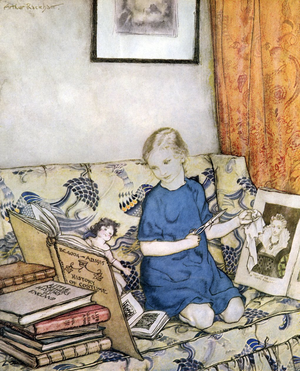 Dziewczyna robi kostium autorstwa Arthur Rackham
