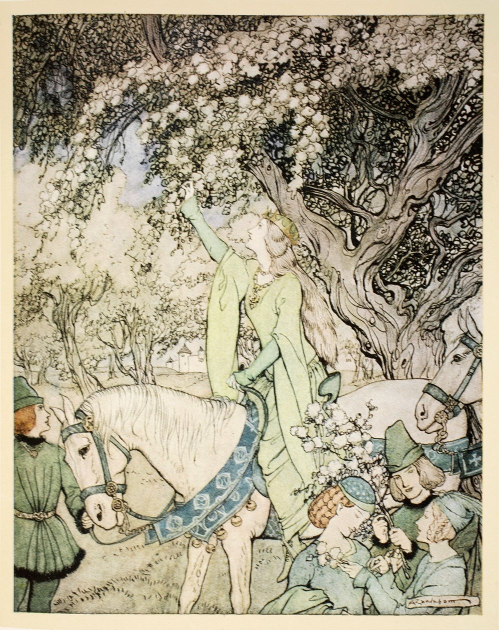 Jak królowa Guenever jechała a-maying przez lasy i pola w pobliżu Westminsteru, ilustracja z „Rosyju króla Artura i jego rycerzy Okrągłego Stołu” Alfreda W. Pollarda, 1910 (kolor lit autorstwa Arthur Rackham