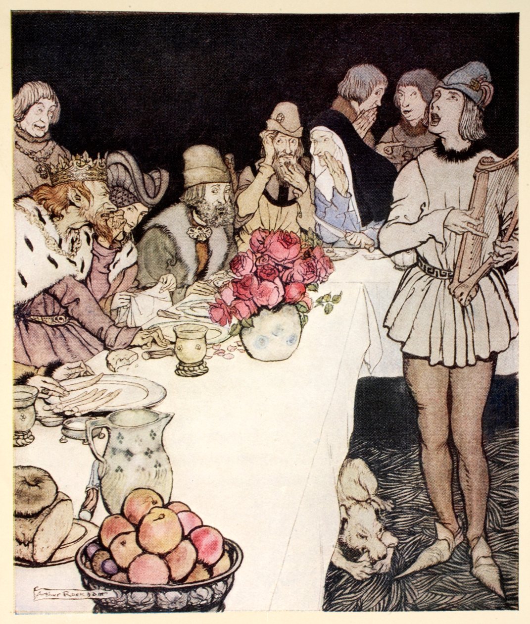 Jak na wielką ucztę, którą urządził król Marek, przyszedł harfiarz Eliot i zaśpiewał pieśń, którą stworzył Dinalan, ilustracja z „Rosomania o królu Arturze i jego rycerzach Okrągłego Stołu” autorstwa Alfreda W. Pol autorstwa Arthur Rackham
