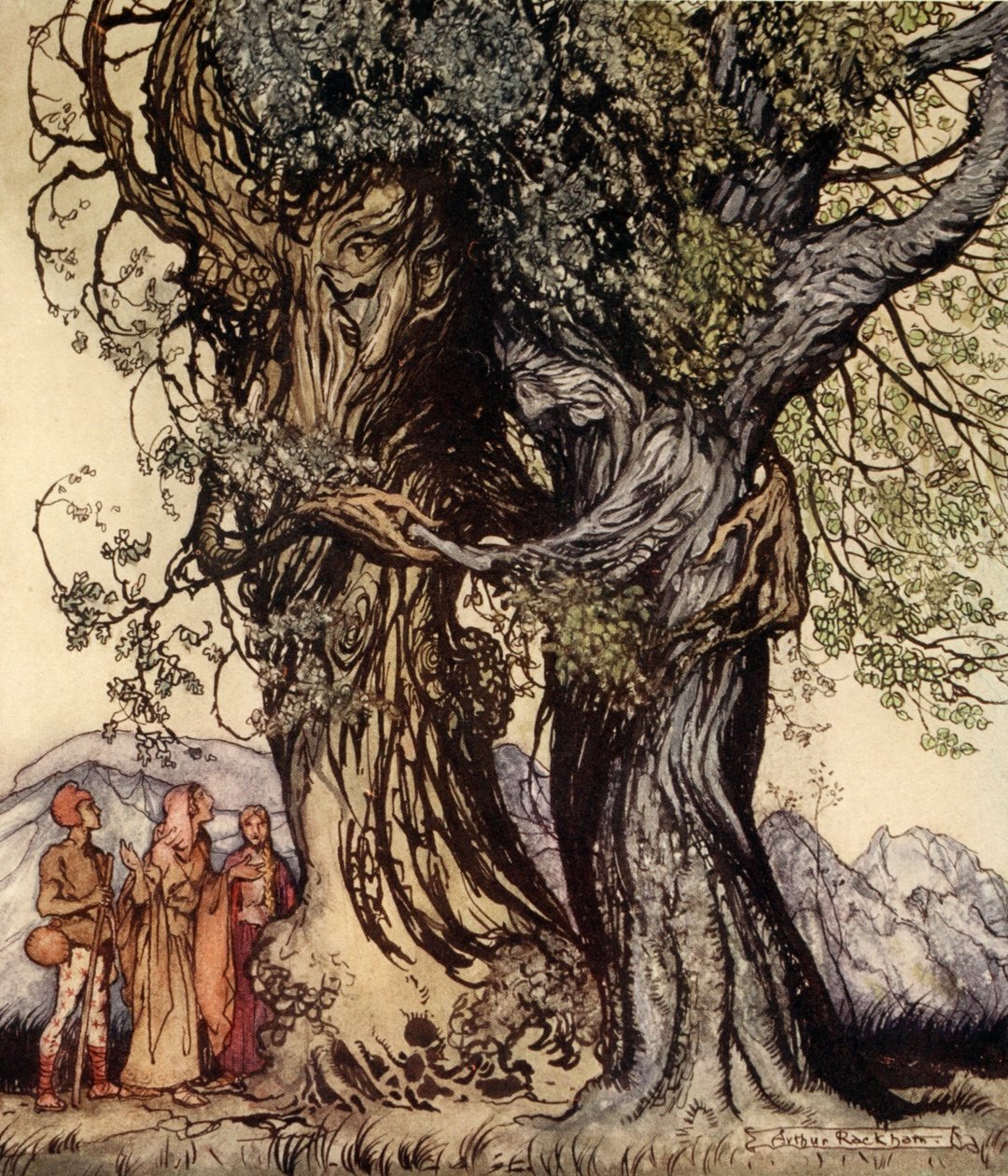 Jestem stary Filemon! mruknął dąb, ilustracja z „Cudownej książki dla dziewcząt i chłopców” Nathaniela Hawthorne