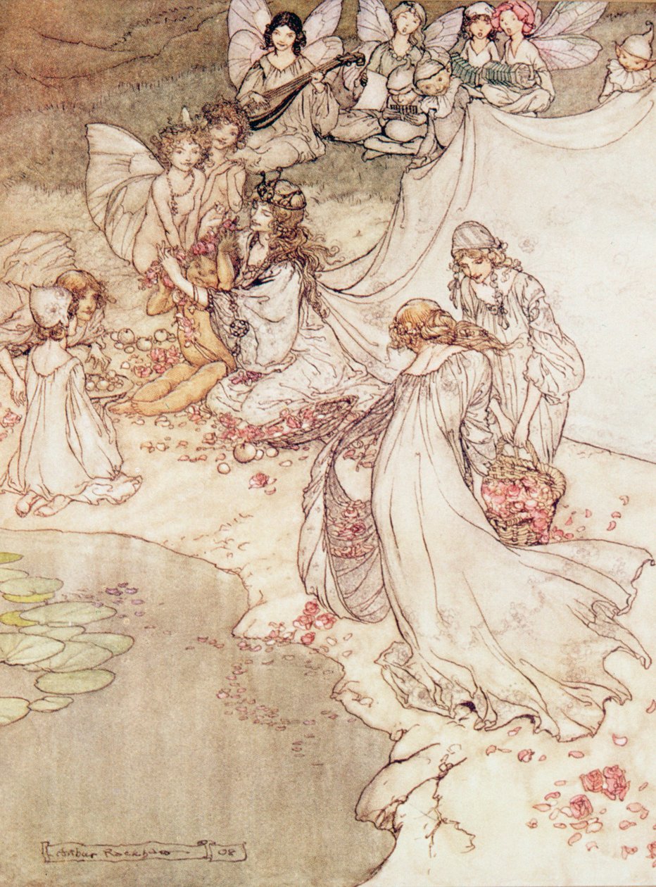 Ilustracja do bajki, Królowa wróżek okrywająca dziecko kwiatami autorstwa Arthur Rackham