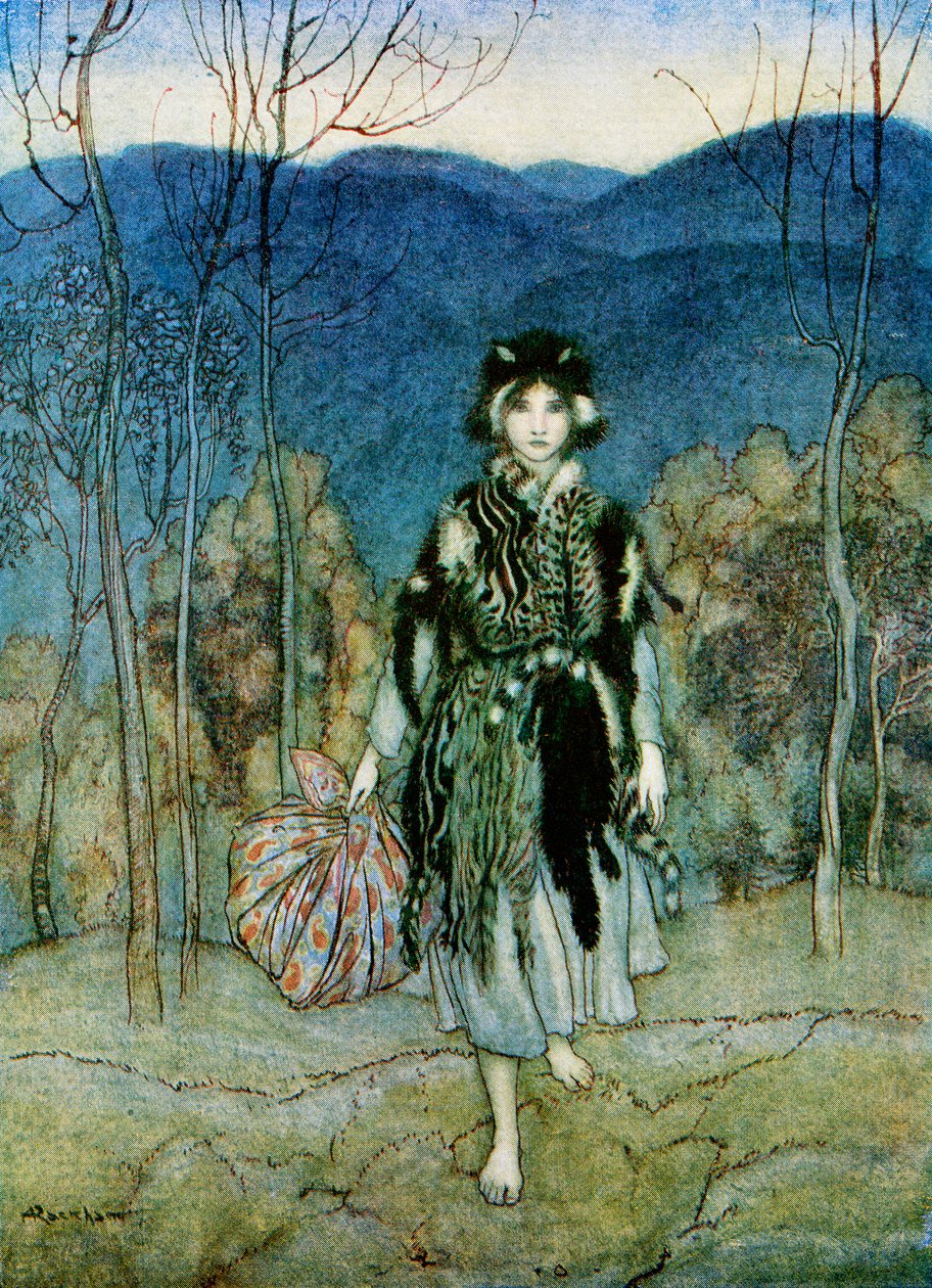 Ilustracja do historii Kocia skóra, z angielskich bajek opowiedzianych przez F.A. Steela, 1927 autorstwa Arthur Rackham