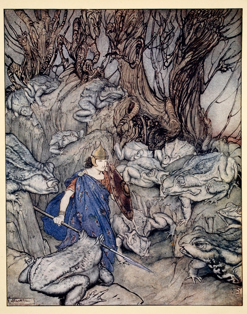 W rozwidlonej wąwozie, w którą wślizgnął się o zmroku, był otoczony przez gigantyczne ropuchy, ilustracja z „Irish Fairy Tales” Jamesa Stephensa, 1920 autorstwa Arthur Rackham