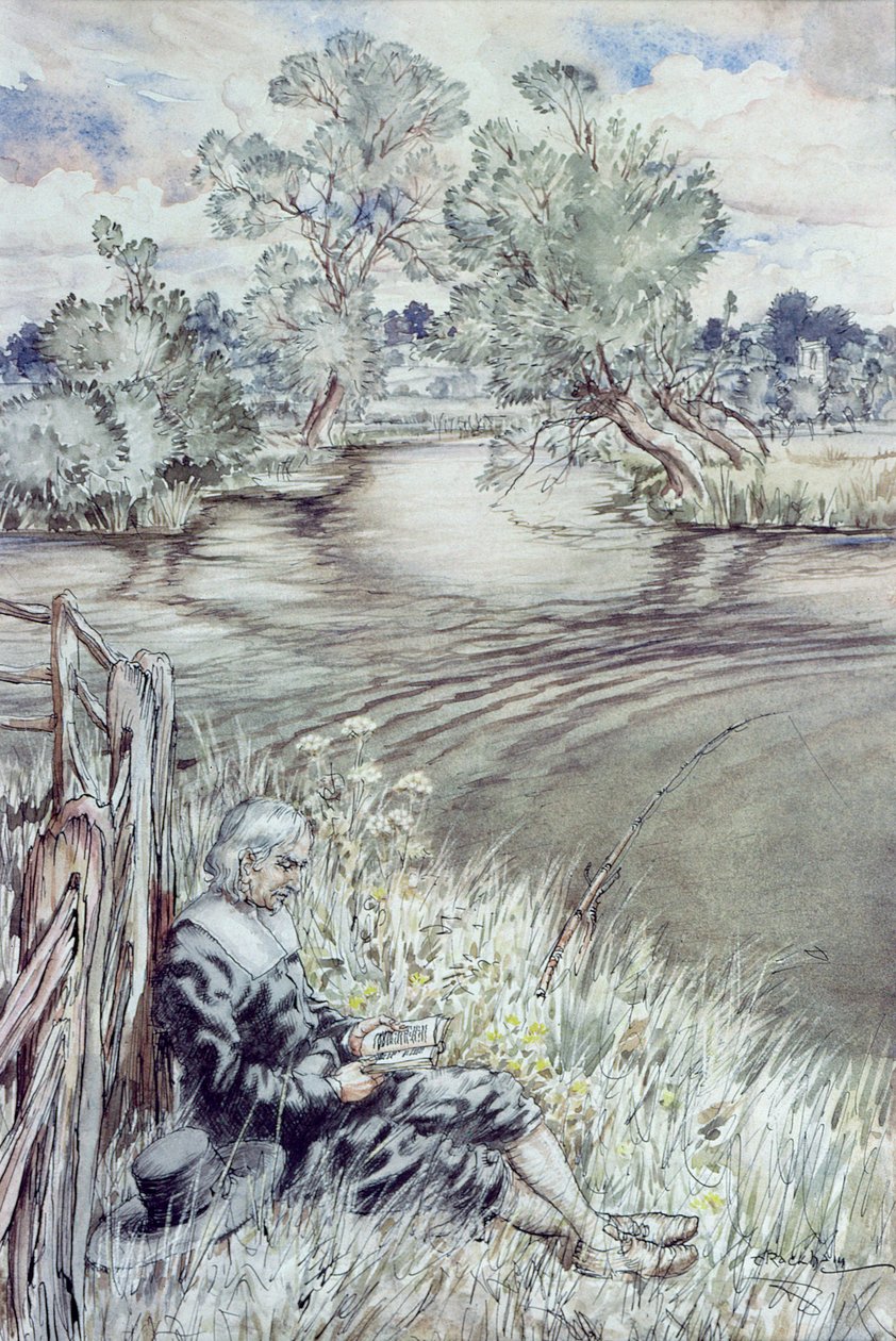 Izaak Walton opierający się o płot, z „The Compleat Angler” Izaaka Waltona, 1931 autorstwa Arthur Rackham