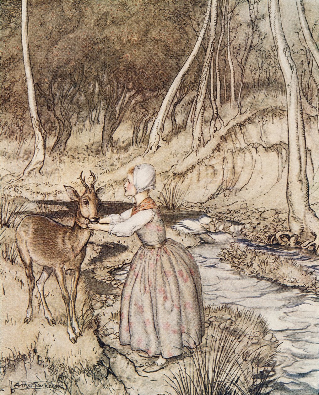 Little Brother and Little Sister, z Little Brother & Little Sister and Other Tales by the Brothers Grimm, wyd. 1917 autorstwa Arthur Rackham