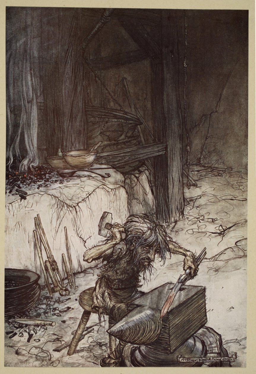 Mim przy kowadle, ilustracja z „Zygfryda i zmierzchu bogów”, 1924 autorstwa Arthur Rackham