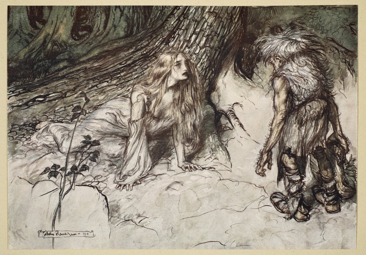 Mim znajduje matkę Zygfryda w lesie, ilustracja z „Zygfryda i zmierzchu bogów”, 1924 autorstwa Arthur Rackham