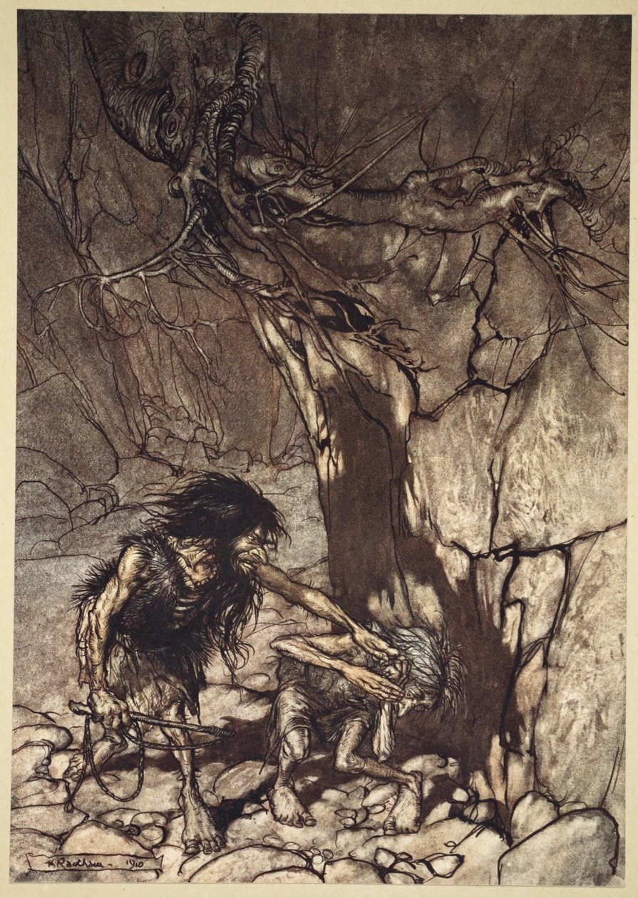 Mim wyjący „Och! Och! Oh! Och!”, ilustracja z „Złoto Renu i Walkiria”, 1910 autorstwa Arthur Rackham