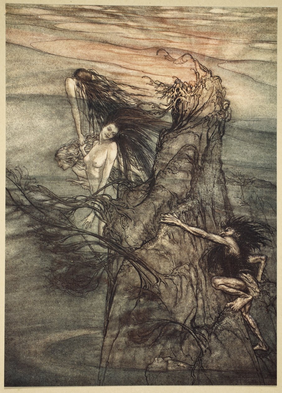 Wykpij się! Kpina! Nibelung robi twoją zabawkę!, ilustracja z „Złoto Renu i Walkiria”, 1910 autorstwa Arthur Rackham