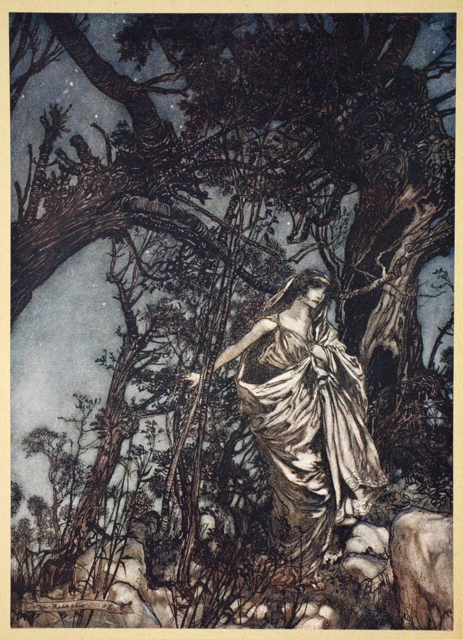 Nigdy tak zmęczony, nigdy tak nieszczęście, ilustracja ze „Snu nocy letniej” Williama Szekspira, 1908 autorstwa Arthur Rackham