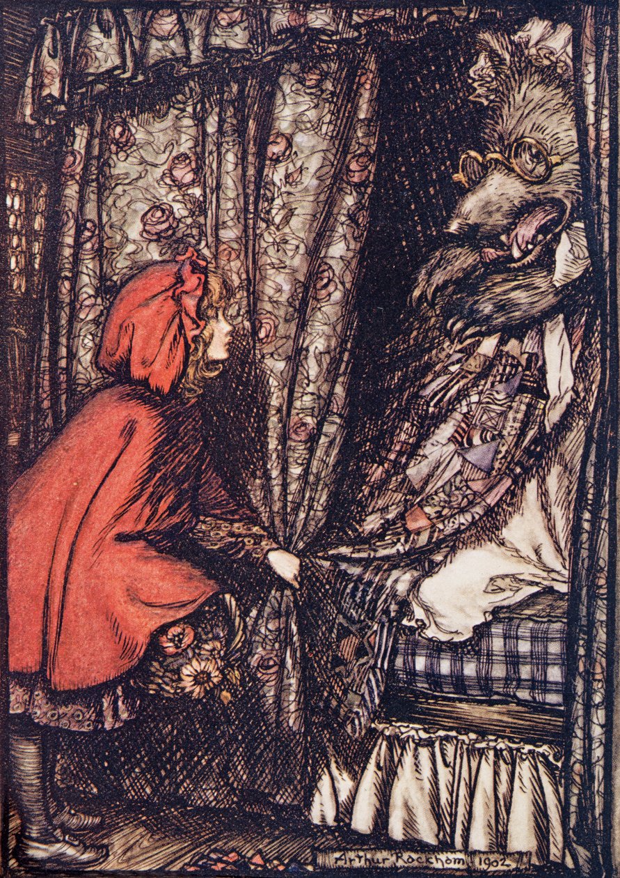 O babciu, jakie masz wielkie uszy, powiedziała z Bajek braci Grimm, wyd. 1909 autorstwa Arthur Rackham
