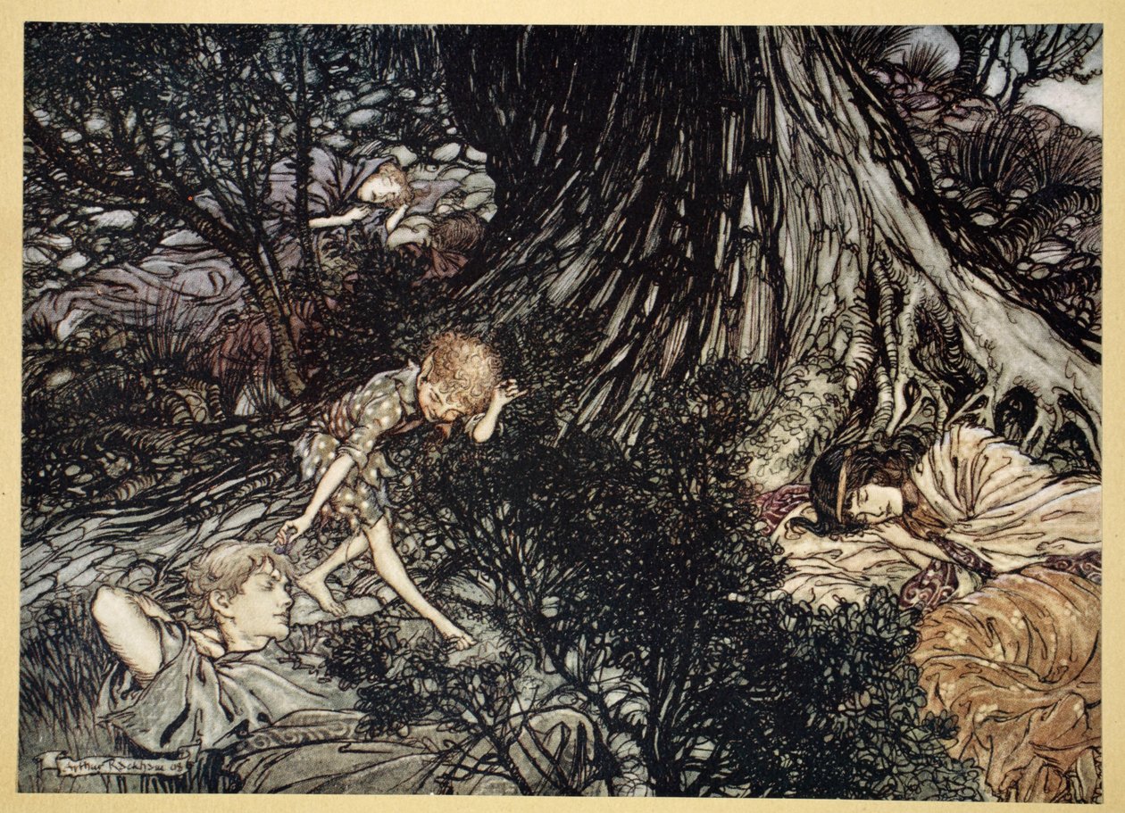Na ziemi Dźwięk snu: Zastosuję Do twojego oka, Łagodny kochanek, lekarstwo, ilustracja ze „Snu nocy letniej” Williama Szekspira, 1908 autorstwa Arthur Rackham