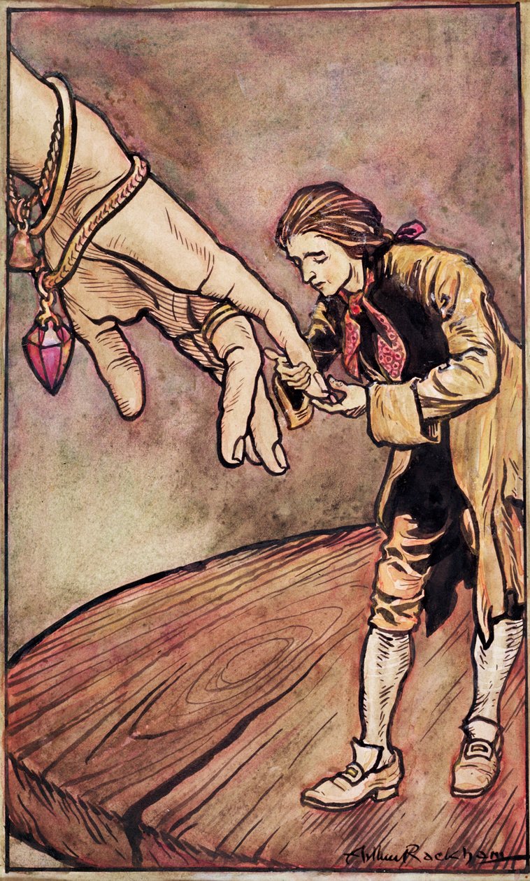 Oryginalna ilustracja akwarelowa do „Podróży Guliwera” autorstwa Swifta, Gulliver w Brobdingnag, 1909 autorstwa Arthur Rackham