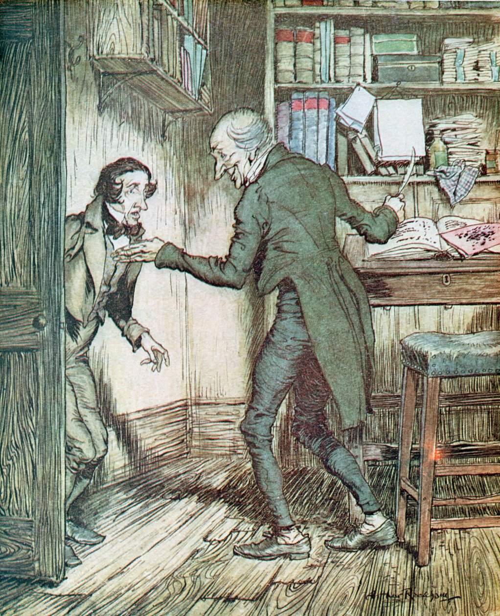 Scrooge i Bob Cratchit z „Opowieści wigilijnej” Dickensa autorstwa Arthur Rackham