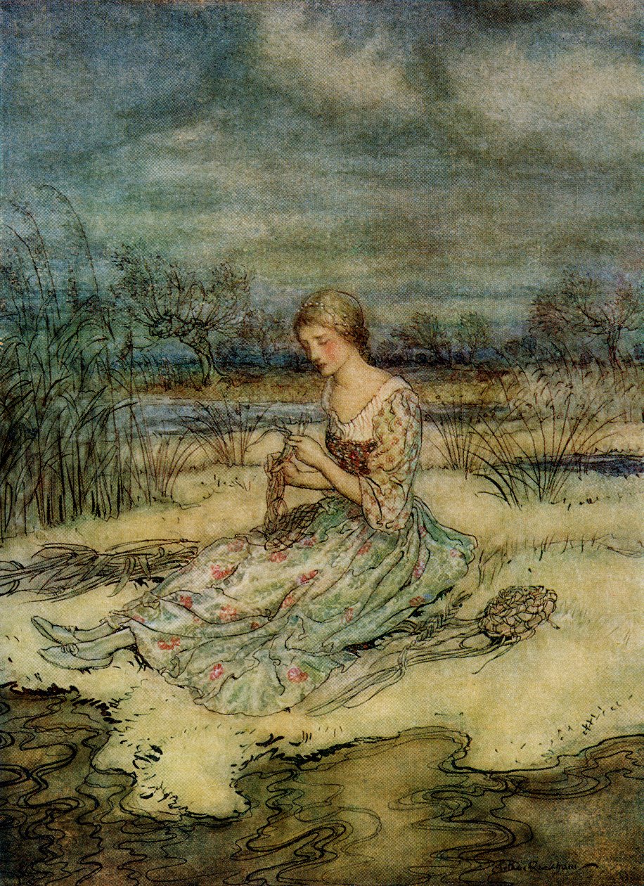 Usiadła i zaplótła sobie kombinezon z sitowia i czapki, aby dopasować, z angielskiego Fairy Tales Retold autorstwa F.A. Steela, 1927 autorstwa Arthur Rackham