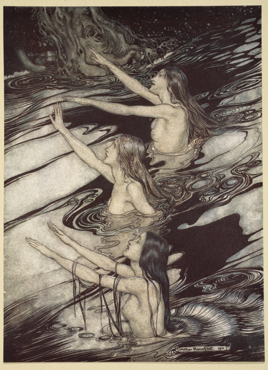 – Zygfrycie! Zygfrydzie! Nasze ostrzeżenie jest prawdziwe: uciekajcie, uciekajcie przed klątwą!”, z „Zygfryda i Zmierzchu Bogów”, 1910 autorstwa Arthur Rackham