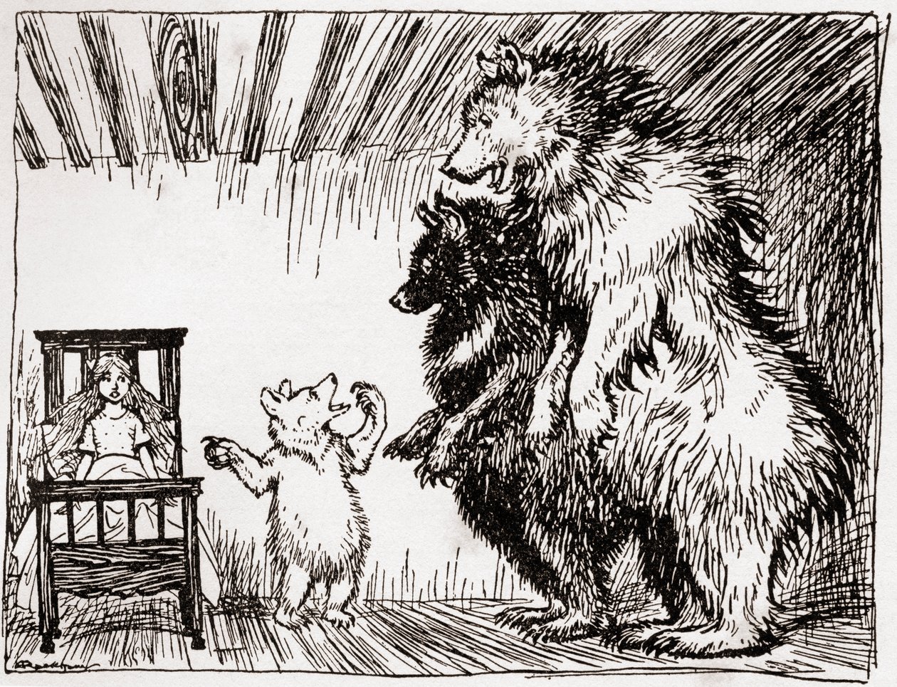 Ktoś leżał w moim łóżku, a oto ona, ilustracja do Złotowłosa i trzy niedźwiedzie, z angielskich bajek opowiedzianych przez F.A. Steela, 1927 autorstwa Arthur Rackham