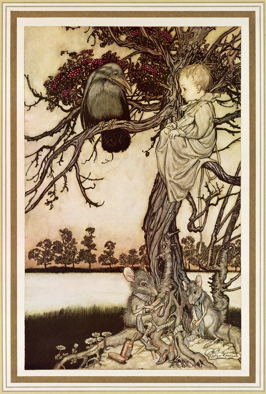 Rozmowa z wronem z „Piotruś Pan w Kensington Gardens” J.M. Barrie, 1906 autorstwa Arthur Rackham