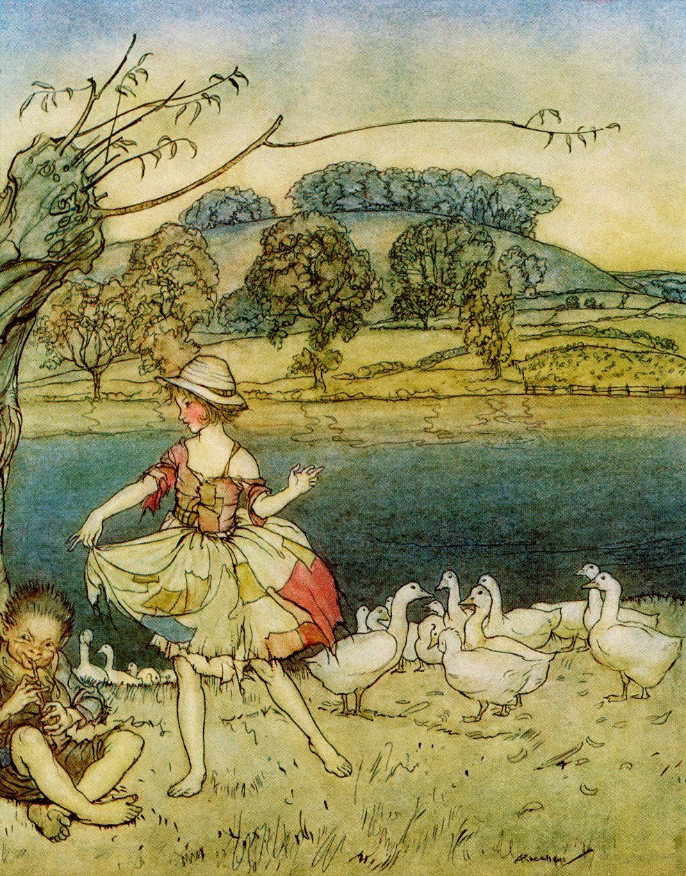 Tattercoats dancing while the gooseherd pipes, z English Fairy Tales Retold by F.A. Steel, 1927 autorstwa Arthur Rackham