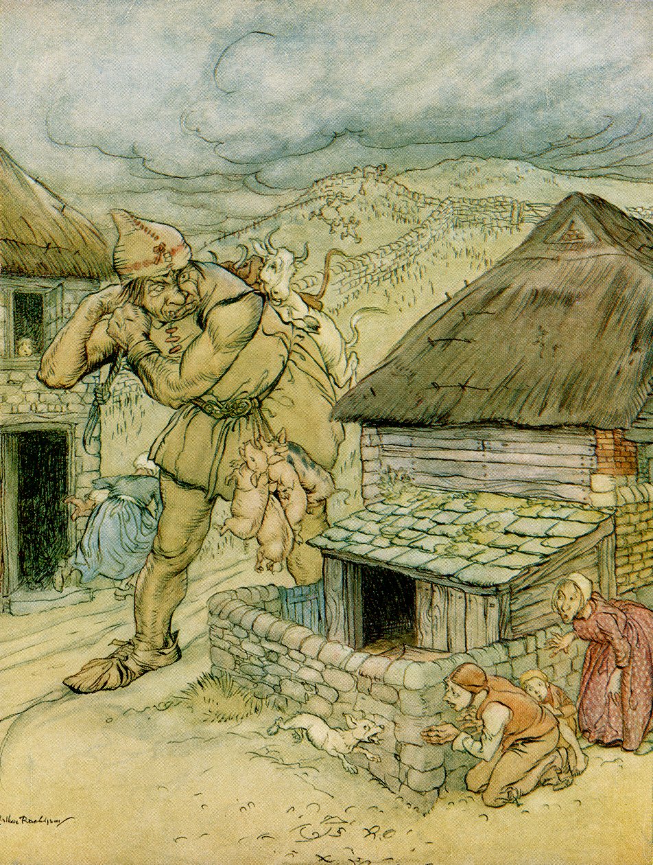 Giant Cormoran był postrachem całej wsi, ilustracja do Jack the Giant Killer z English Fairy Tales Retold przez FA Steel, 1927 autorstwa Arthur Rackham